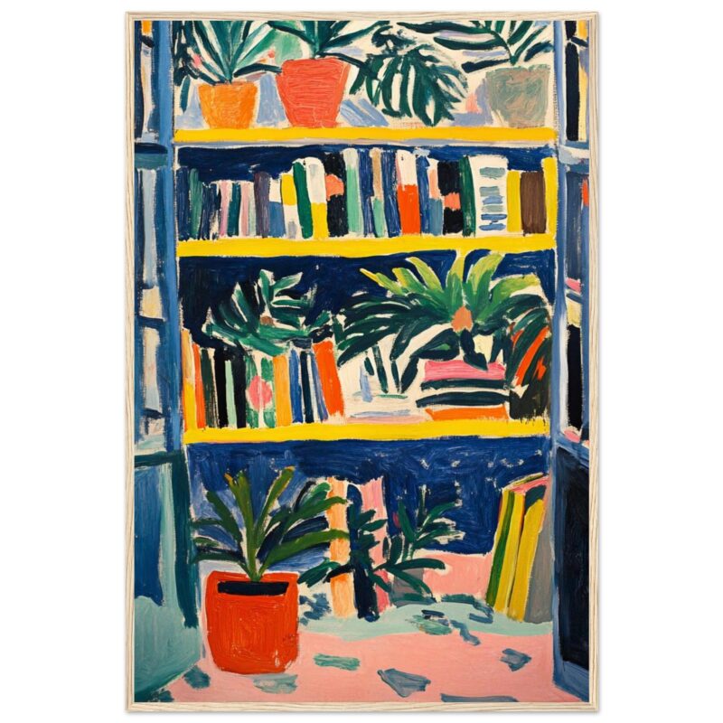 Fondo de colores vibrantes con repisa de libros y plantas en estilo pintura acrílica.