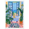 Ventana abierta hacia el mar con plantas y perro en bañera, estilo moderno y colorido, arte digital de Digiart Studio.