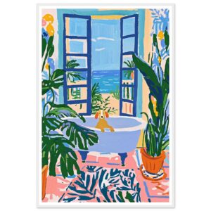 Ventana abierta hacia el mar con plantas y perro en bañera, estilo moderno y colorido, arte digital de Digiart Studio.
