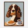 Perro beagle con croissant y café en estilo artístico, ilustración moderna de mascotas, arte digital de calidad para decoración.