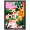 Jardín tropical con plantas y casas pintadas en estilo artístico colorido.