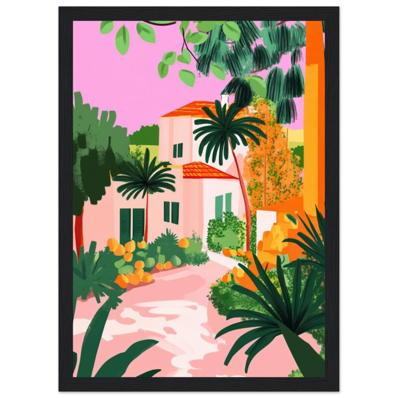 Jardín tropical con plantas y casas pintadas en estilo artístico colorido.