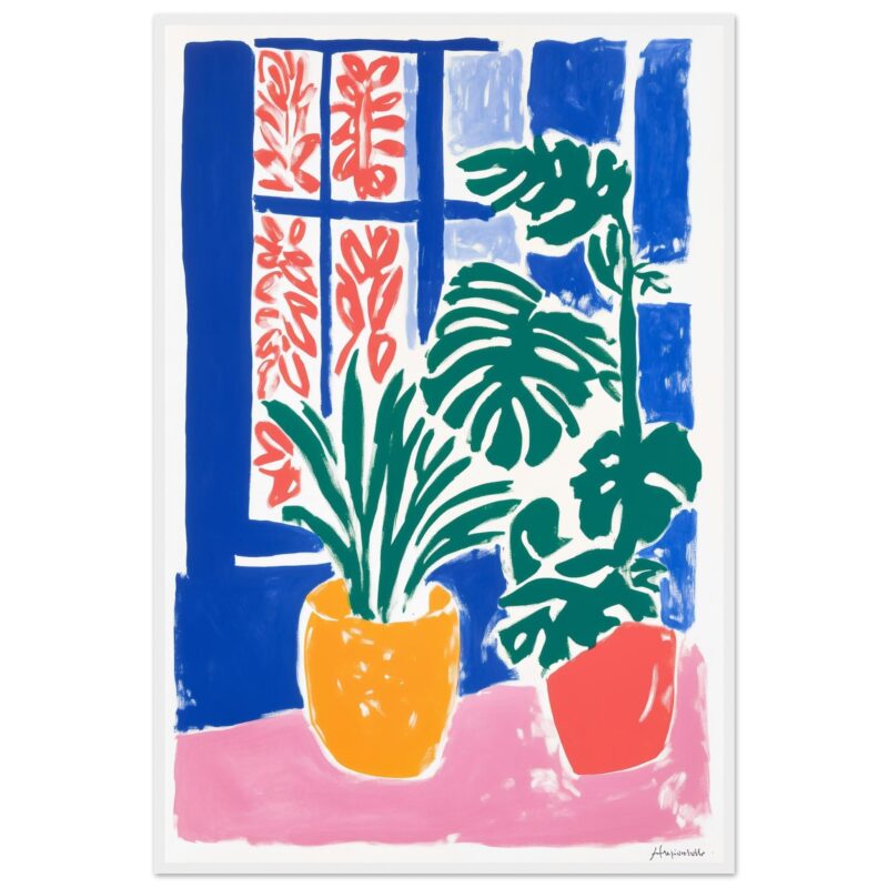 c6ddcefc-f9f1-43fa-a528-abd2661be654.jpg Vasos con plantas tropicales en estilo artístico colorido.
