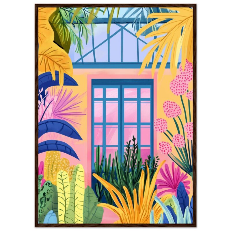 Ventana con marcos azules en una casa color pastel rodeada de vegetación tropical.