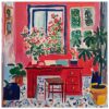Vibrante pintura de interior con muebles rojos, plantas y obras de arte en colores vivos.