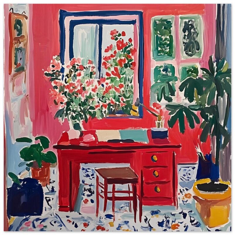 Vibrante pintura de interior con muebles rojos, plantas y obras de arte en colores vivos.