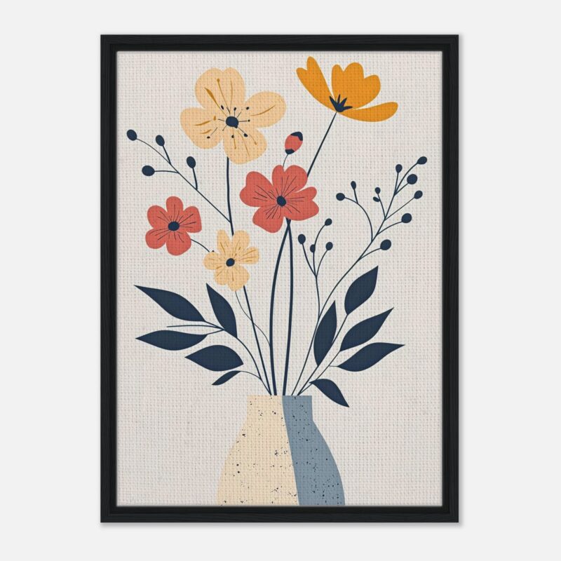 Colorida obra de arte de flores en marco negro, estilo moderno y minimalista para decorar espacios.