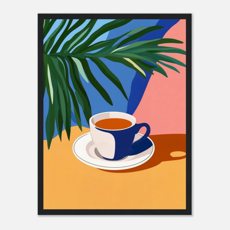 Taza de café con planta de interior en fondo colorido.