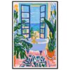 Jarrón decorativo con plantas tropicales y perro en bañera, estilo ilustración moderna, decoración hogar, arte colorido, estilo vibrante y relajante.