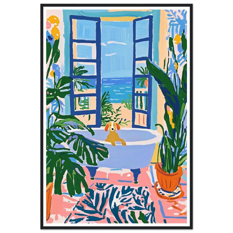 Jarrón decorativo con plantas tropicales y perro en bañera, estilo ilustración moderna, decoración hogar, arte colorido, estilo vibrante y relajante.