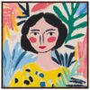 Retrato de mujer en estilo pintura moderna con colores vibrantes y fondo de plantas tropicales, ideal para arte digital y decoración.