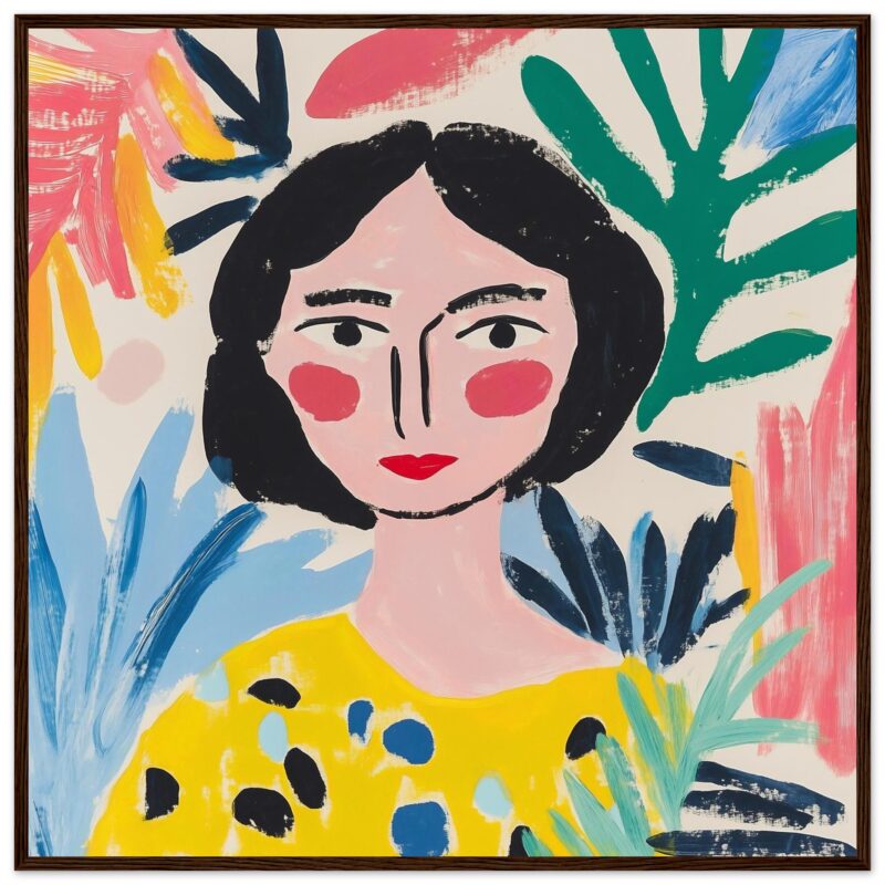 Retrato de mujer en estilo pintura moderna con colores vibrantes y fondo de plantas tropicales, ideal para arte digital y decoración.