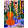 Guitarra estilo moderno en un escenario lleno de plantas y vegetación colorida.