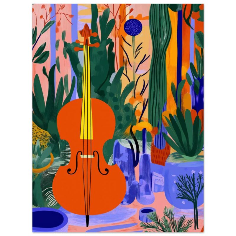 Guitarra estilo moderno en un escenario lleno de plantas y vegetación colorida.