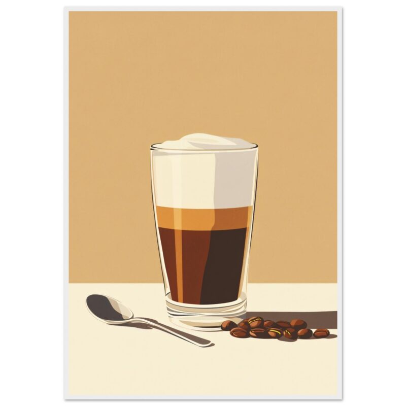 Dibujo digital de un café con crema en vaso alto, cucharita y granos de café, arte para amantes del café y diseño digital.
