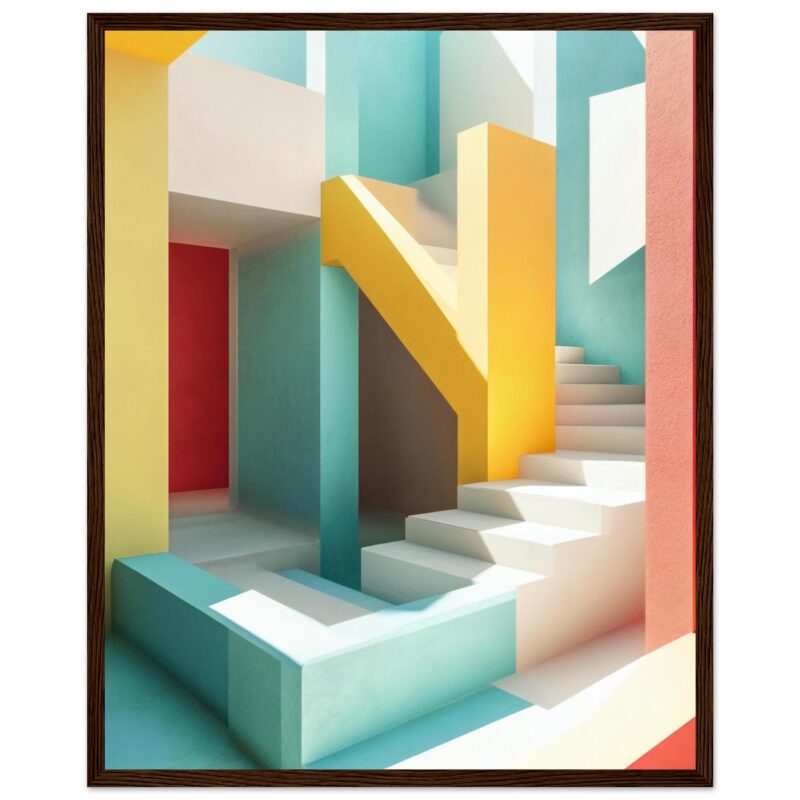 Colorido diseño de escaleras y paredes en estilo minimalista y moderno en tonos pastel.