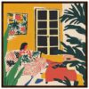 Dibujo de interior de sala con plantas y mujer en sofá estilo moderno, arte digital colorido para decoración de interiores, ilustración contemporánea desde Digiart Studio.