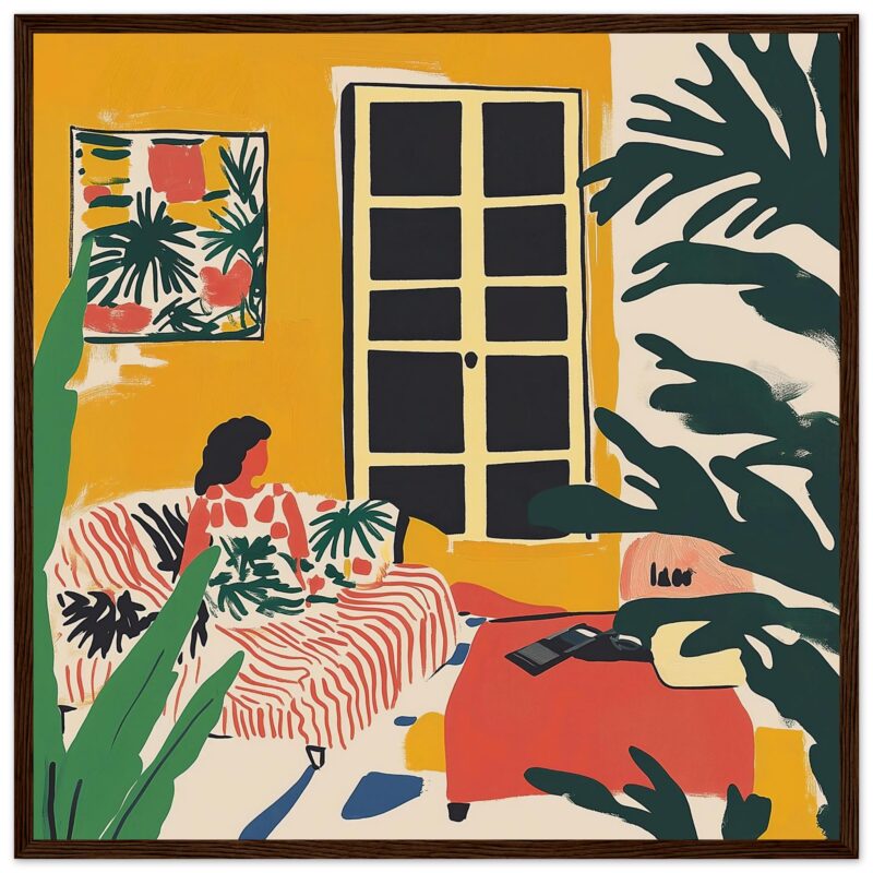 Dibujo de interior de sala con plantas y mujer en sofá estilo moderno, arte digital colorido para decoración de interiores, ilustración contemporánea desde Digiart Studio.
