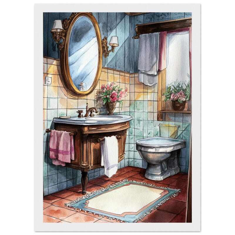 Bano vintage con espejo ovalado y flores, decoracion rustica, arte en acuarela para interiores, estilo clásico, arte decorativo y de diseño para hogares eleganteshRelevance.
