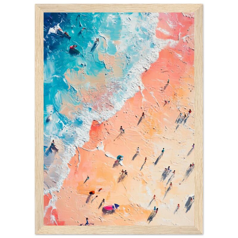 Arena y mar con personas en pintura al óleo, estilo moderno y vibrante.