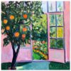 Naranjos en un jardín visto desde una ventana, estilo pintura impresionista, arte digital.