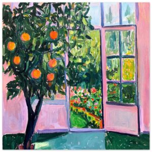 Naranjos en un jardín visto desde una ventana, estilo pintura impresionista, arte digital.