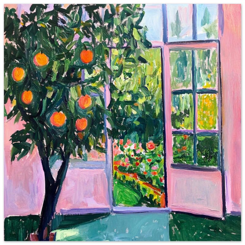 Naranjos en un jardín visto desde una ventana, estilo pintura impresionista, arte digital.