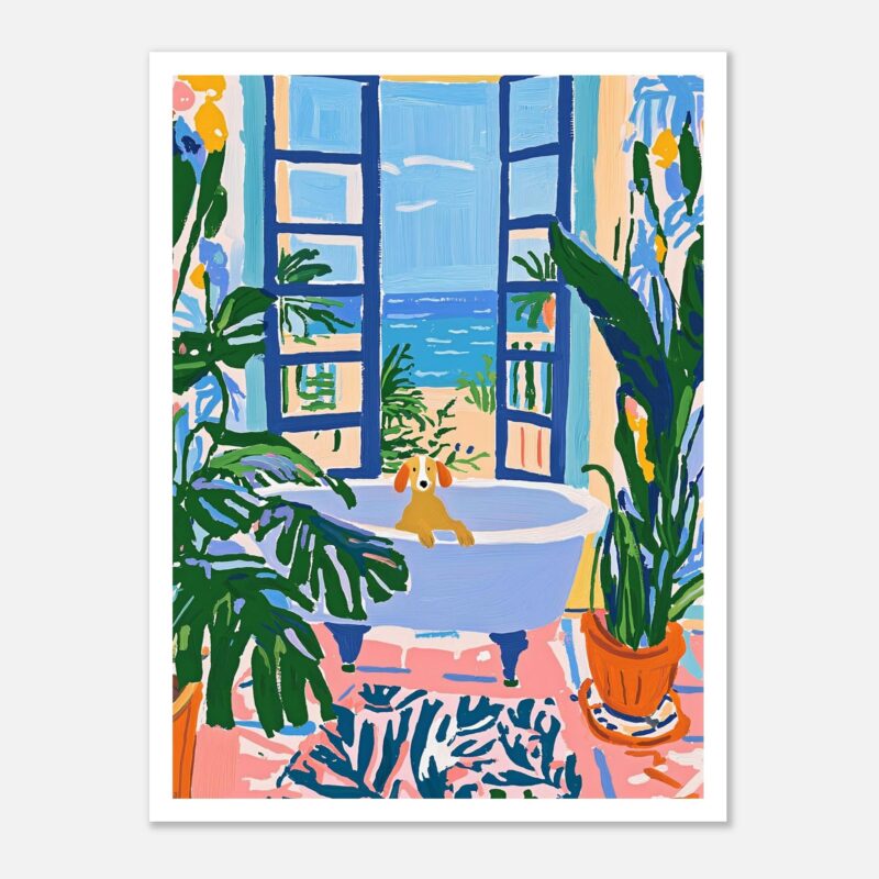 Lejano a la ventana abierta hacia el mar y el cielo azul, con plantas verdes en macetas coloridas.