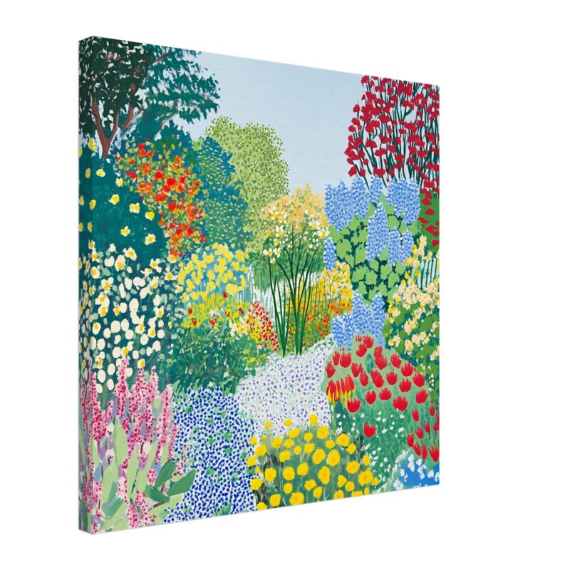 Coloreada pintura de jardín con flores y plantas, arte digital para decoración y regalos.