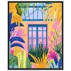 Ventana colorida con plantas tropicales y flores en estilo moderno y vibrante.