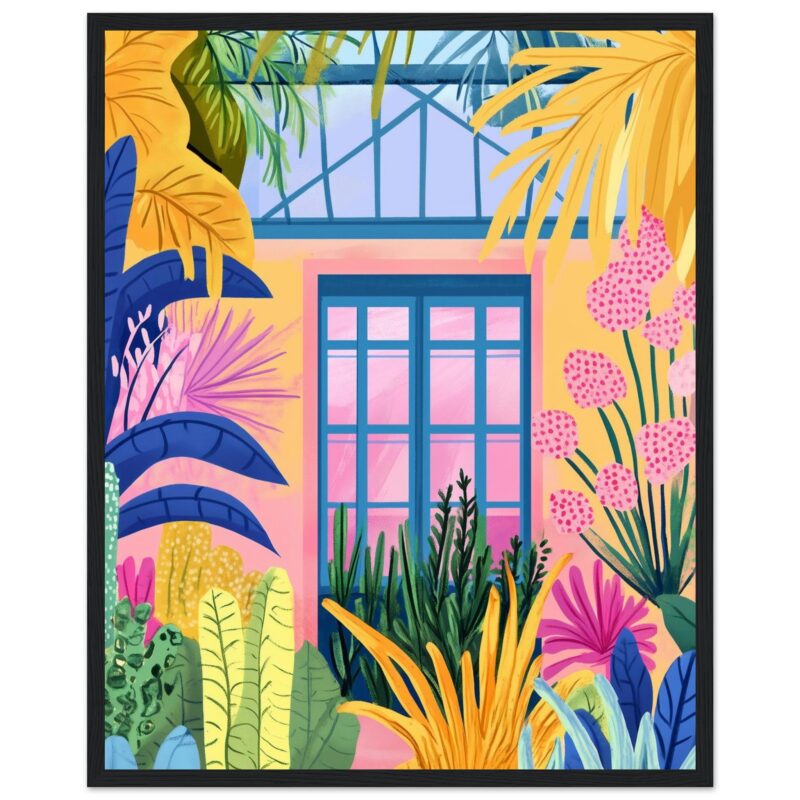 Ventana colorida con plantas tropicales y flores en estilo moderno y vibrante.
