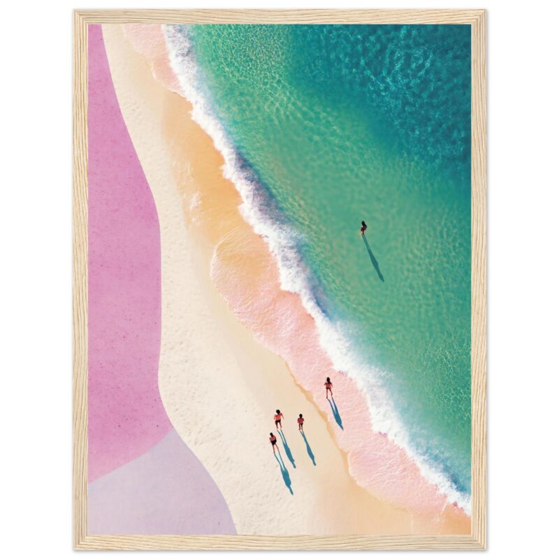 Vista aérea de playa con olas y personas disfrutando del mar en un cuadro decorativo digital.