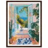 Puerta abierta a un balcón con vista al mar y naturaleza, pintura en estilo moderno con detalles vibrantes.