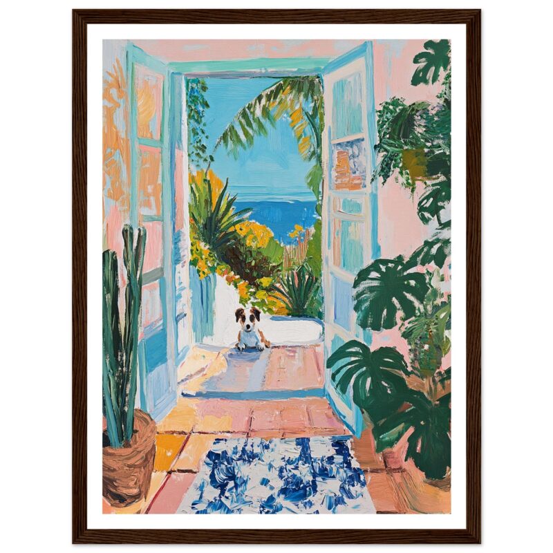Puerta abierta a un balcón con vista al mar y naturaleza, pintura en estilo moderno con detalles vibrantes.