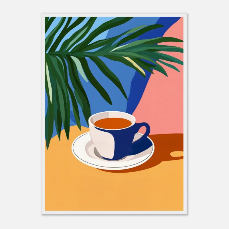Taza de café moderna con planta tropical en fondo colorido.
