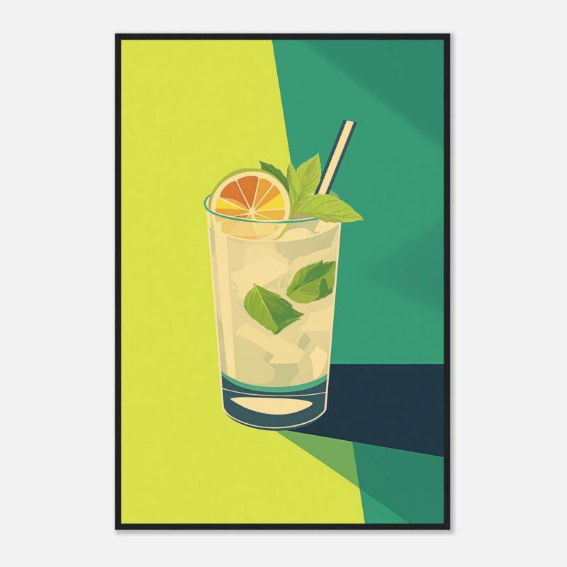 Refresco de limón con hielo, menta y pajilla, ilustración moderna y colorida.