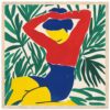 Vibrante pintura moderna de mujer con elementos tropicales, estilo abstracto, colorido y llamativo, ideal para decorar espacios creativos.