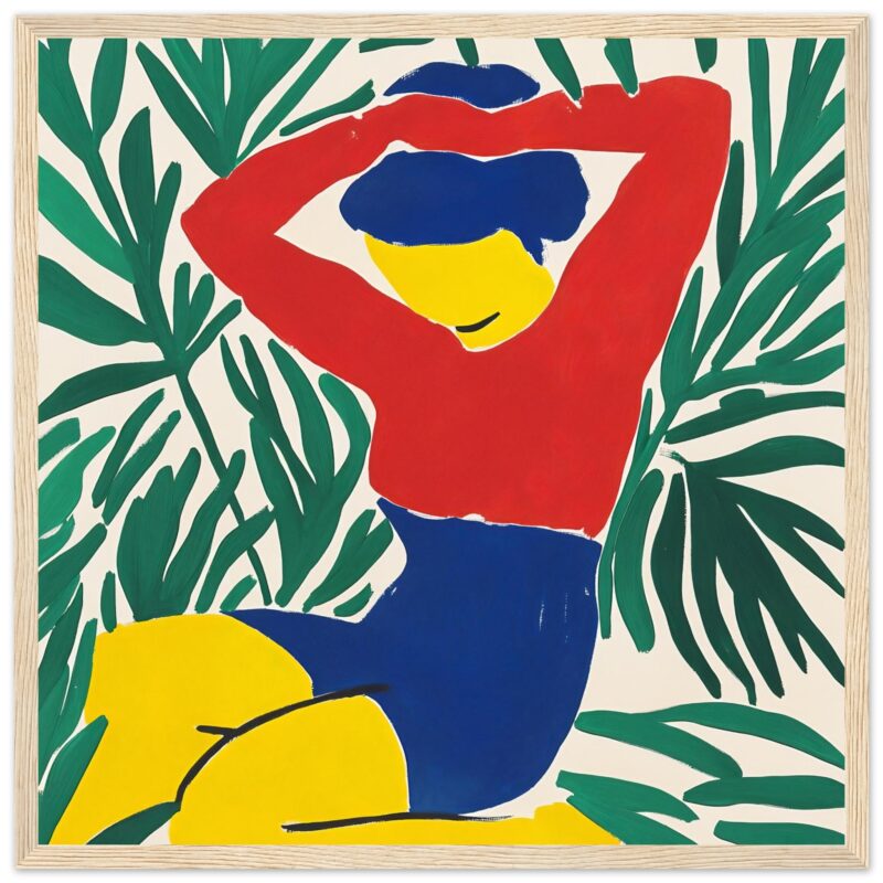Vibrante pintura moderna de mujer con elementos tropicales, estilo abstracto, colorido y llamativo, ideal para decorar espacios creativos.