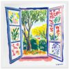 Ventana abierta con vista a un jardín colorido, pintura artística de estilo impresionista.