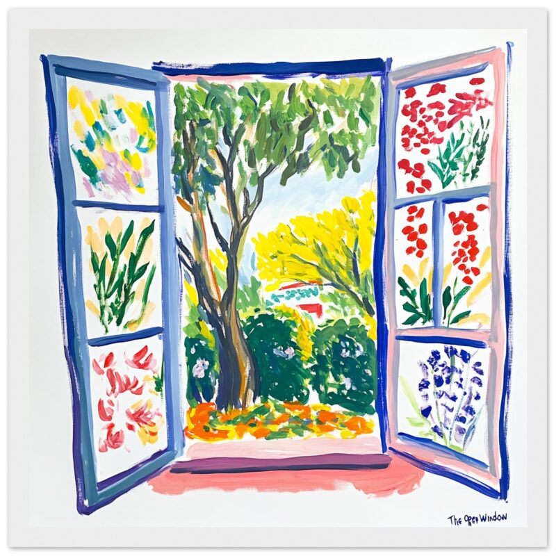 Ventana abierta con vista a un jardín colorido, pintura artística de estilo impresionista.