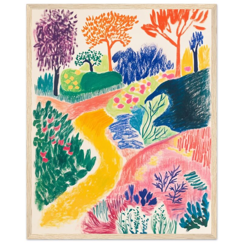 Arcoíris de colores con árboles y senderos pintados a mano, arte vibrante y creativo para decoración y estilo artístico único.