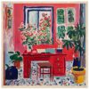 Puerta roja con plantas y flores en interior luminoso pintura moderna estilo impressionista.