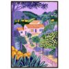 Paisaje pintado en estilo moderno con casas rurales y abundante vegetación en tonos púrpura y verde.