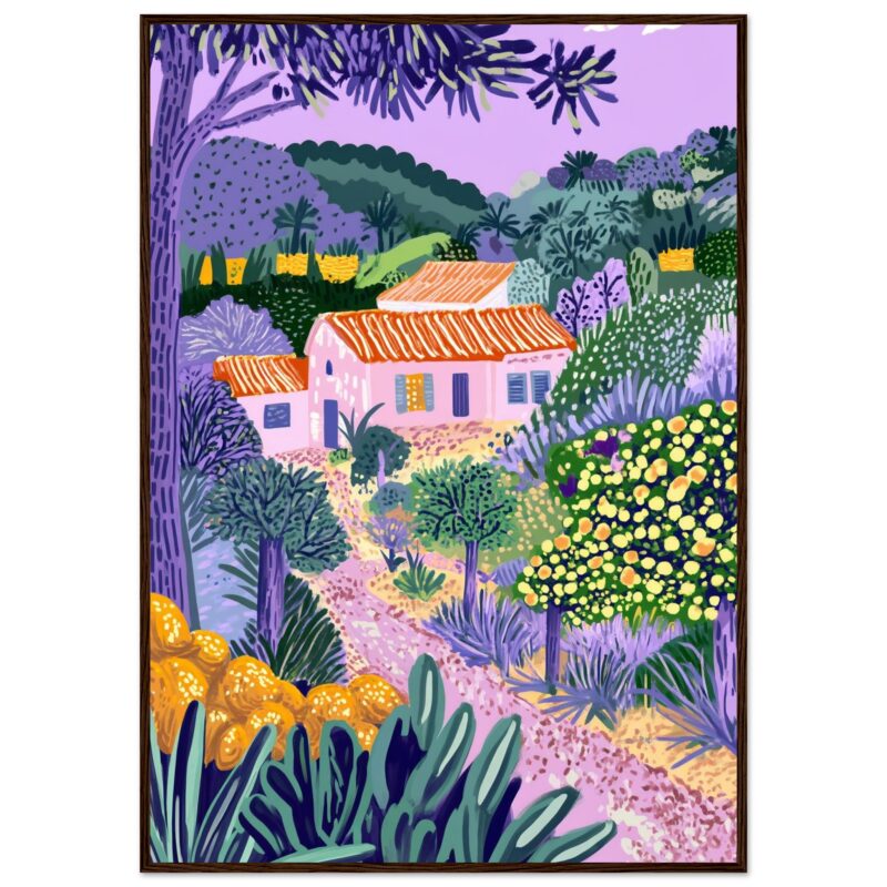 Paisaje pintado en estilo moderno con casas rurales y abundante vegetación en tonos púrpura y verde.