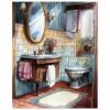 Decoración de baño vintage con armario de madera, espejo dorado, flores y azulejos color pastel.