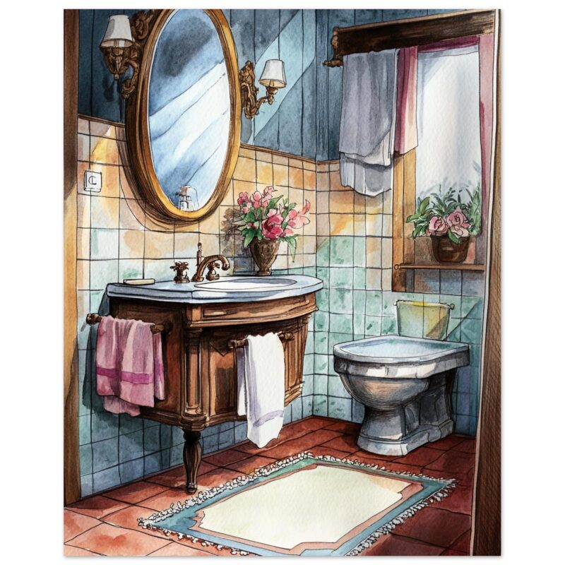 Decoración de baño vintage con armario de madera, espejo dorado, flores y azulejos color pastel.