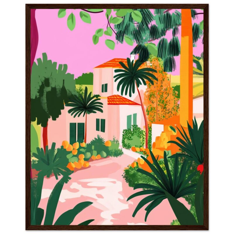 Casa en medio de vegetación tropical, ilustración de estilo digital colorido y vibrante.
