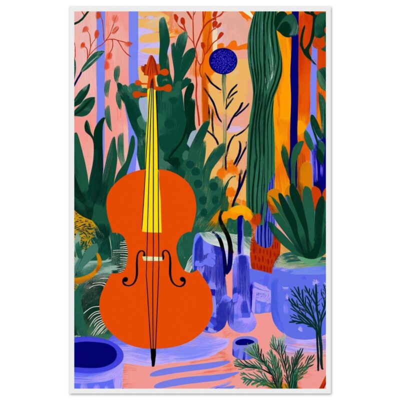 Atmosfera vibrante con violín y vegetación en estilo moderna y colorida.