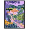 Cabaña en un paisaje colorido y vibrante lleno de vegetación y flores en tonos pastel y vivos.