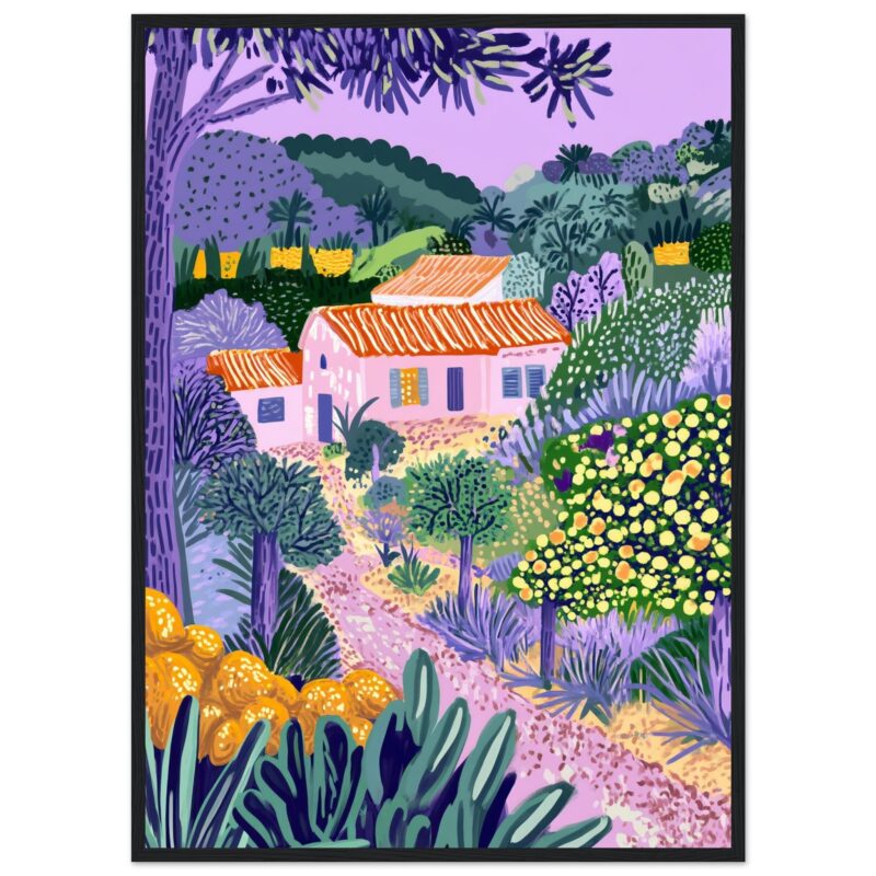 Cabaña en un paisaje colorido y vibrante lleno de vegetación y flores en tonos pastel y vivos.